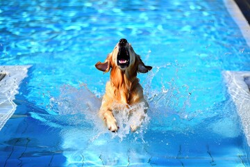 A golden retriever has a blast jumping into the pool on a bright sunny day.