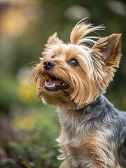 Charming Yorkshire Terrier dog looks up with an inquisitive expression, outdoors.