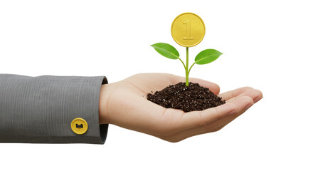 Isolated Hand Holding Sprout with Coin