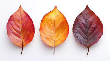 Fototapeta premium Three vibrant autumn leaves displaying beautiful colors on a clean white background