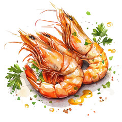 Garlic Shrimp, watercolor drawing vector, high quality, isolated on a white background.