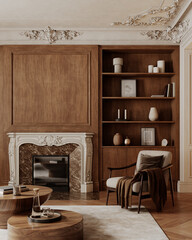 Classic interior with wood closet, fireplace, armchair, coffee tables and shelves decor. 3d render illustration mockup.