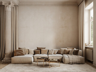 Classic beige interior with blank wall, sofa, pillows, column, fur carpet, coffee table and wood floor, 3d render illustration mockup.