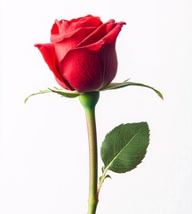 Fresh Red Rose with Stem and Leaves: Ideal for Anniversaries, Weddings, and Beauty Concepts.
