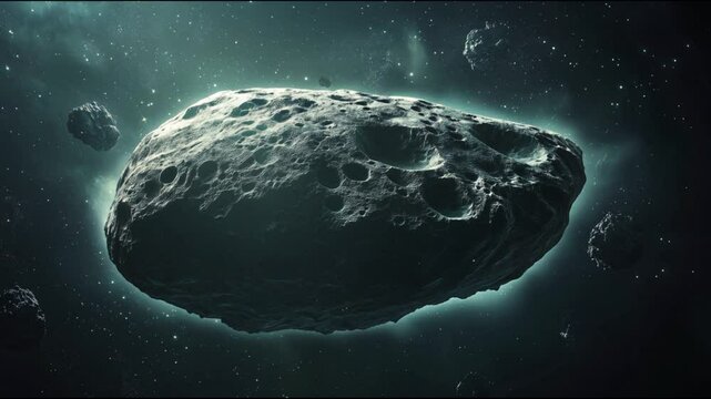 A large asteroid flying through space, the surface of which is covered with craters.