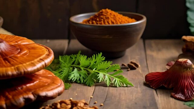 Ganoderma lucidum stacked mushrooms and ingredients on wooden table ready for preparation, showcasing natural colors and earthy textures.