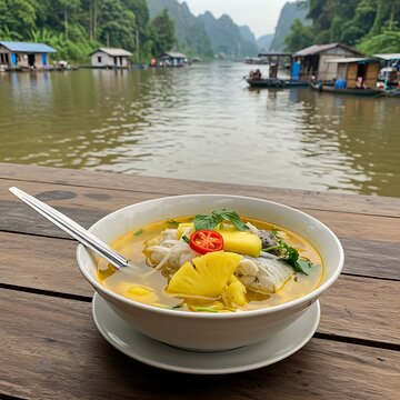 A bowl of canh chua (sour soup) with fish, pineapple, and tamarind broth, served on a wooden table in a Can Tho riverside hut with the Mekong River