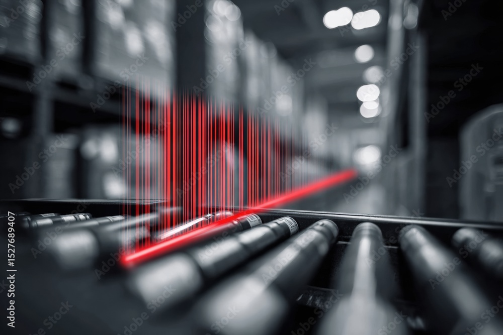 Poster Blurred Barcode Scanner Failure Captured With a Red Line in a Storage Area With Empty Upper Third