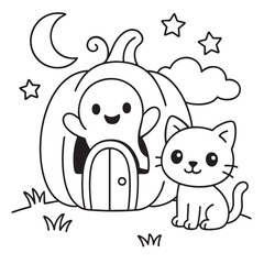 An intricate black and white drawing featuring a cat alongside a friendly ghost, both situated inside a whimsical pumpkinshaped house