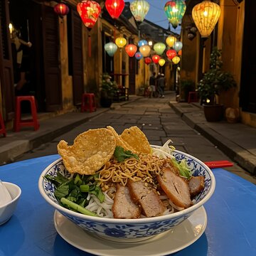 A bowl of cao lau noodles with pork, crispy noodles, and greens, served on a table in a Hoi An alley glowing with colorful lanterns at dusk.