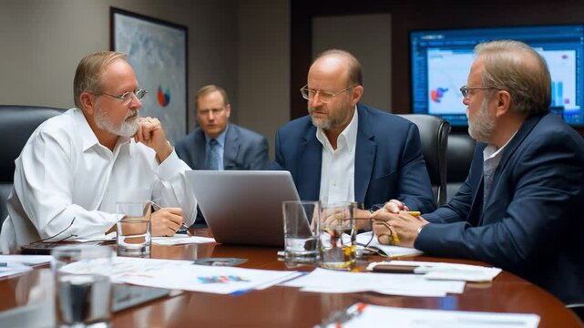 Business executives in Meeting Room: In a dimly lit meeting room, executives, engaged in a strategic discussion. Laptop and documents scattered on table. The scene reflects professional collaboration.