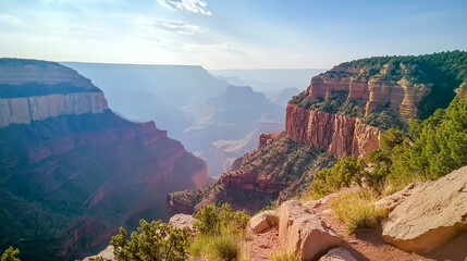 Grand Canyon National Park Arizona: A scenic desert landscape with red rocks and dramatic sky at sunset