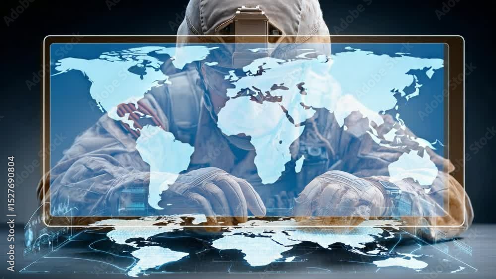 Poster cyber intrusion: a hooded figure's clandestine actions trigger a visual representation of a global c