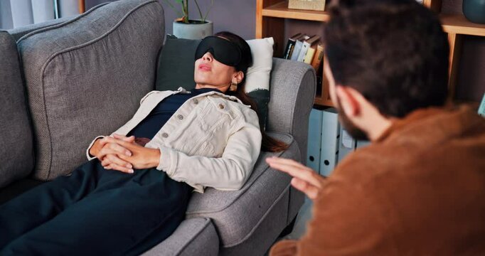 Man, mental health and woman with blindfold, breathe and advice for recovery support and therapy. Technique, psychologist and patient in sensory depravation talking for trauma, depression or crisis