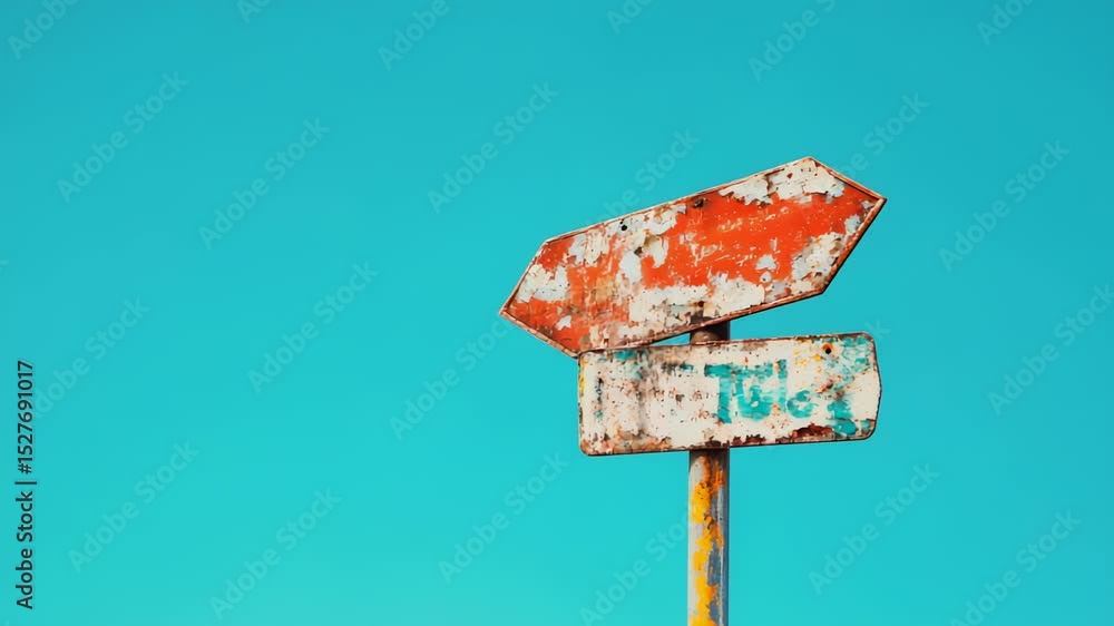 Poster Weathered direction signs with barely readable text pointing in different ways on bright blue sky background symbolizing difficult choices, job insecurity and decision making fear