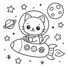 A cute cat is comfortably sitting on a rocket while soaring through the vast expanse of space, surrounded by twinkling stars and planets