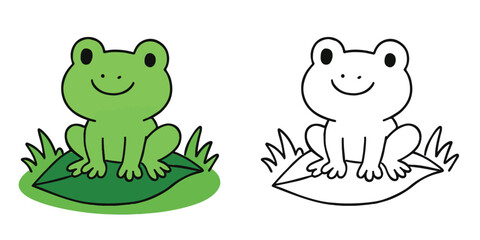 Coloring Book For Kids Happy frog sitting on a leaf in the grass Outline Vector Illustration
