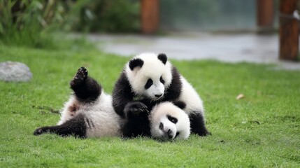 China giant panda, a cute little panda playing on the grass.