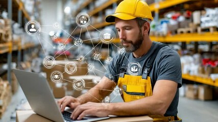 Warehouse Worker and Digital Integration: A warehouse worker, equipped with a laptop, is surrounded by digital integration icons. - Powered by Adobe