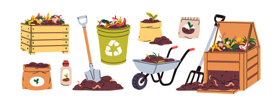 Compost set, organic food waste, dirt, soil. Biodegradable garbage heaps, earth with worms, garden decomposition pile, fertilizer, manure, muck. Flat vector illustrations isolated on white background