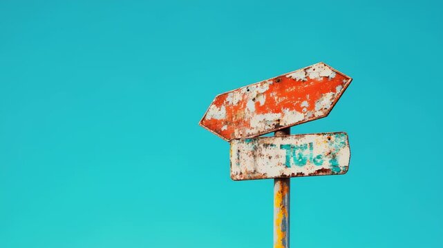 Weathered direction signs with barely readable text pointing in different ways on bright blue sky background symbolizing difficult choices, job insecurity and decision making fear