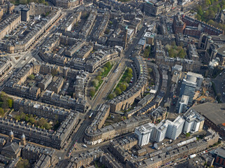 Aerial view of the rooftops of central Edinburgh along tram route