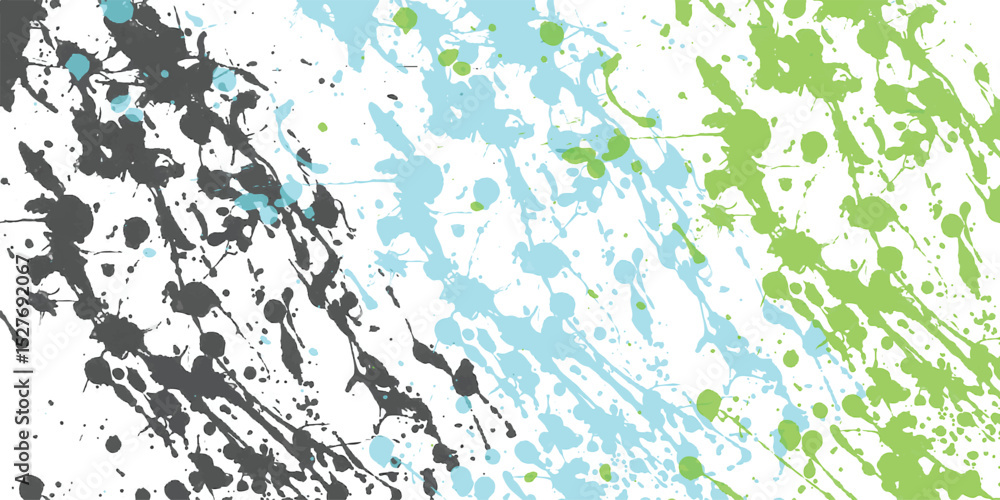 Poster abstract vector artwork of a modern paint splatter design in gray teal and green on a white backgrou