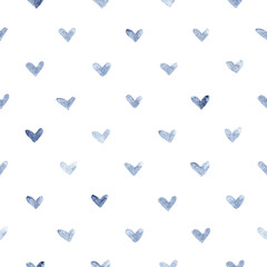 Playful seamless pattern with scattered blue watercolor hearts. Whimsical and light-hearted, hand-painted on white. Ideal for romantic or children’s products.