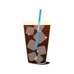 Glass of cola with ice. Refreshing cold brew coffee with ice cubes. 
