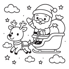 Santa Claus is joyfully riding in a festive sleigh that is being pulled with great energy by a team of lively reindeer