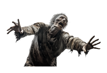 Full-body zombie, arms outstretched, isolated on a transparent background.
