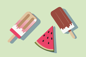 Colorful popsicles and fresh watermelon slice on a green background