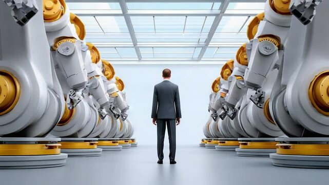 Technological Oversight: A lone figure, dwarfed by a regiment of industrial robots, stands in the center of a futuristic factory hall, a symbol of technological advancement and human involvement.