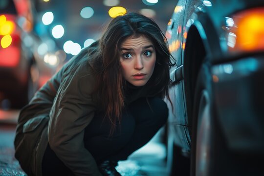 A woman crouches next to a parked car, examining a tire on a rainy night in the city. Wet streets reflect the colorful lights of approaching vehicles, creating a dramatic atmosphere