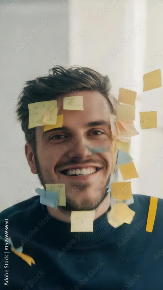Aufkleber Office worker covered with sticky notes. Feeling overwhelmed and stressed by workload. Experiencing burnout and information overload. Struggling with tasks and deadlines in chaotic office environment