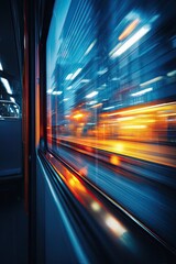 Fast train through urban night. City lights blur, seen through train window