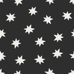 Star pattern, seamless background. Hand-drawn starry texture, black and white design, repeating print. Sparkles, twinkles on night sky, modern style textile, fabric, wrapping. Flat vector illustration