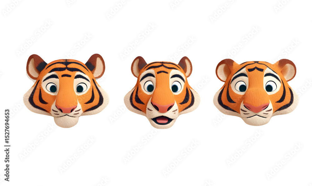 Poster set of tiger heads with different expressions. isolated on transparent background