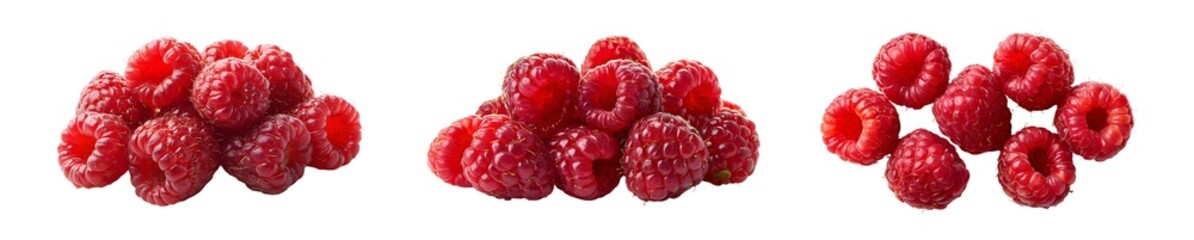 Fresh raspberries in clusters against a white background.