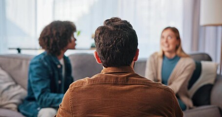 Conflict, couple and therapy with psychologist in office for fight, marriage counseling and divorce. Relationship mediation and anger with man and woman in clinic for affair, conversation and crisis