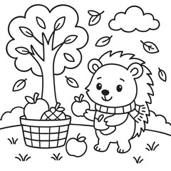 An intricate black and white illustration features a charming hedgehog, delightfully holding an apple in one paw and clutching a basket filled with more apples in the other