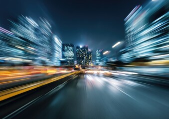 Night city lights blur, motion of fast vehicles