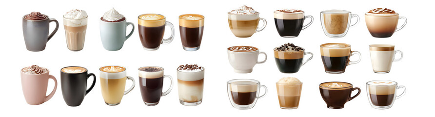 set of Variety of coffee drinks in different mugs. isolated on transparent background
