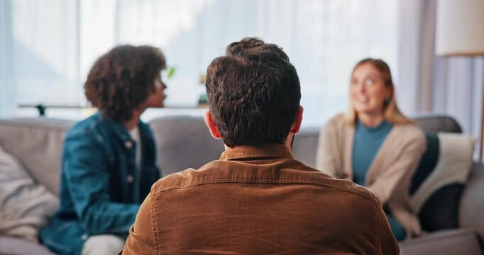 Conflict, couple and therapy with psychologist in office for fight, marriage counseling and divorce. Relationship mediation and anger with man and woman in clinic for affair, conversation and crisis