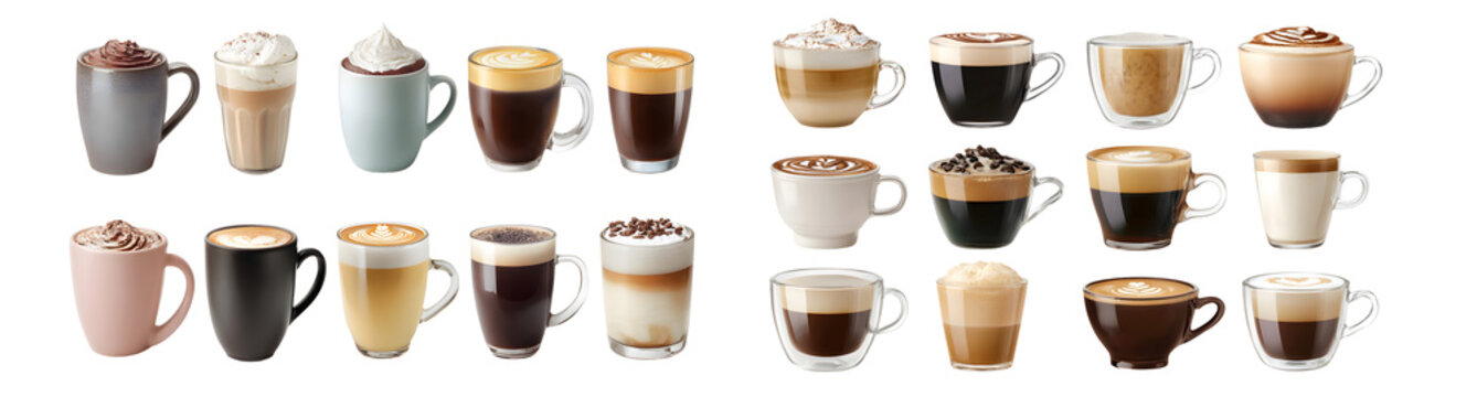 set of Variety of coffee drinks in different mugs. isolated on transparent background