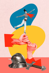 Exclusive image vertical photo collage of happy girl jump human hands show pinky gesture promise...