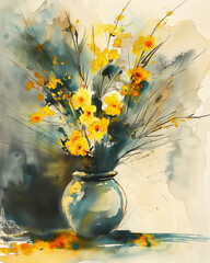 Watercolor Painting of Elegant Flower Bouquet in Vintage Ceramic Vase. Artistic and Elegant Composition with Organic Textures. Generative AI