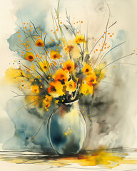 Watercolor Painting of Elegant Flower Bouquet in Vintage Ceramic Vase. Artistic and Elegant Composition with Organic Textures. Generative AI