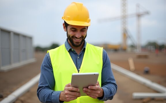 Smiling engineer using tablet on construction site wearing hardhat and safety vest. High quality