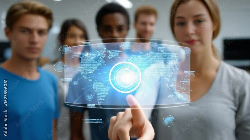 Poster global connection: a diverse group of people engaged with a futuristic holographic interface, showca